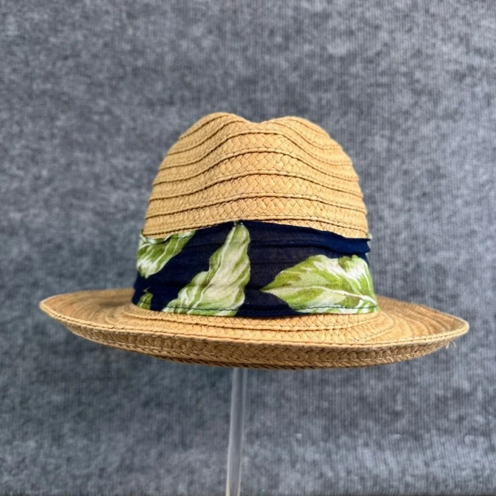 Ann Taylor Factory Straw Fedora Hat Tan Tropical Leaf Print Band Summer Sun Hat